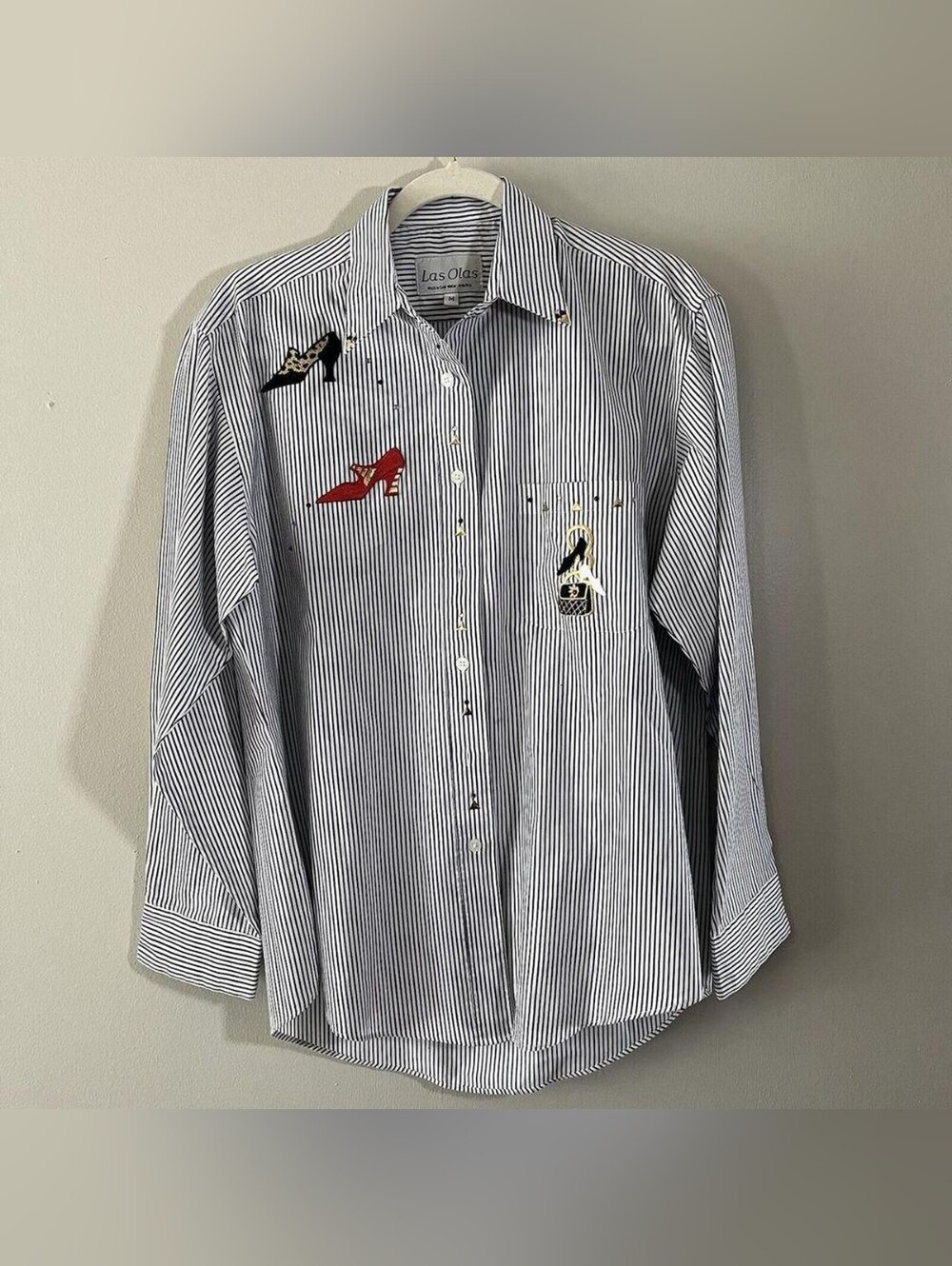 Las Olas Blue and White Striped Embroidered Patch Button Down Shirts